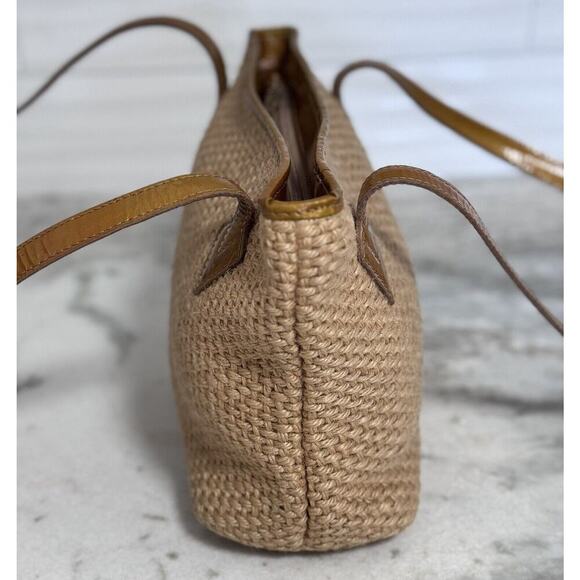 Auth Vintage Bottega Veneta Raffia Woven Beige Gold Patent Leather Shoulder Bag - Picture 5 of 16